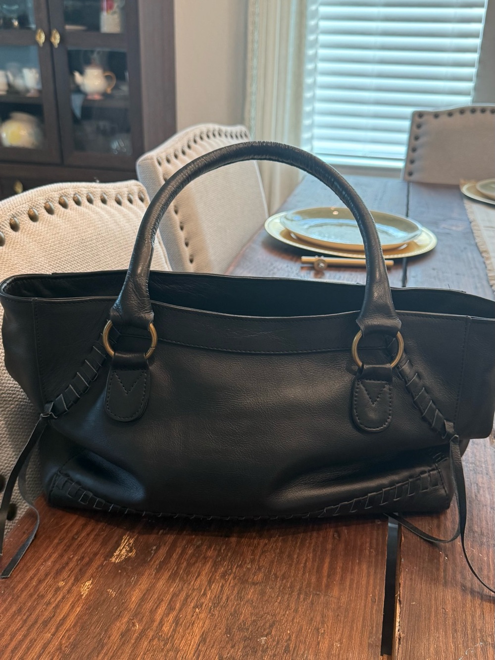 Black Leather Shoulder Tote Bag